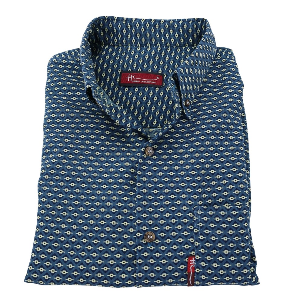 HIM Collection Mens Blue Geometric Diamond Print Short Sleeve Button Up Shirt XL